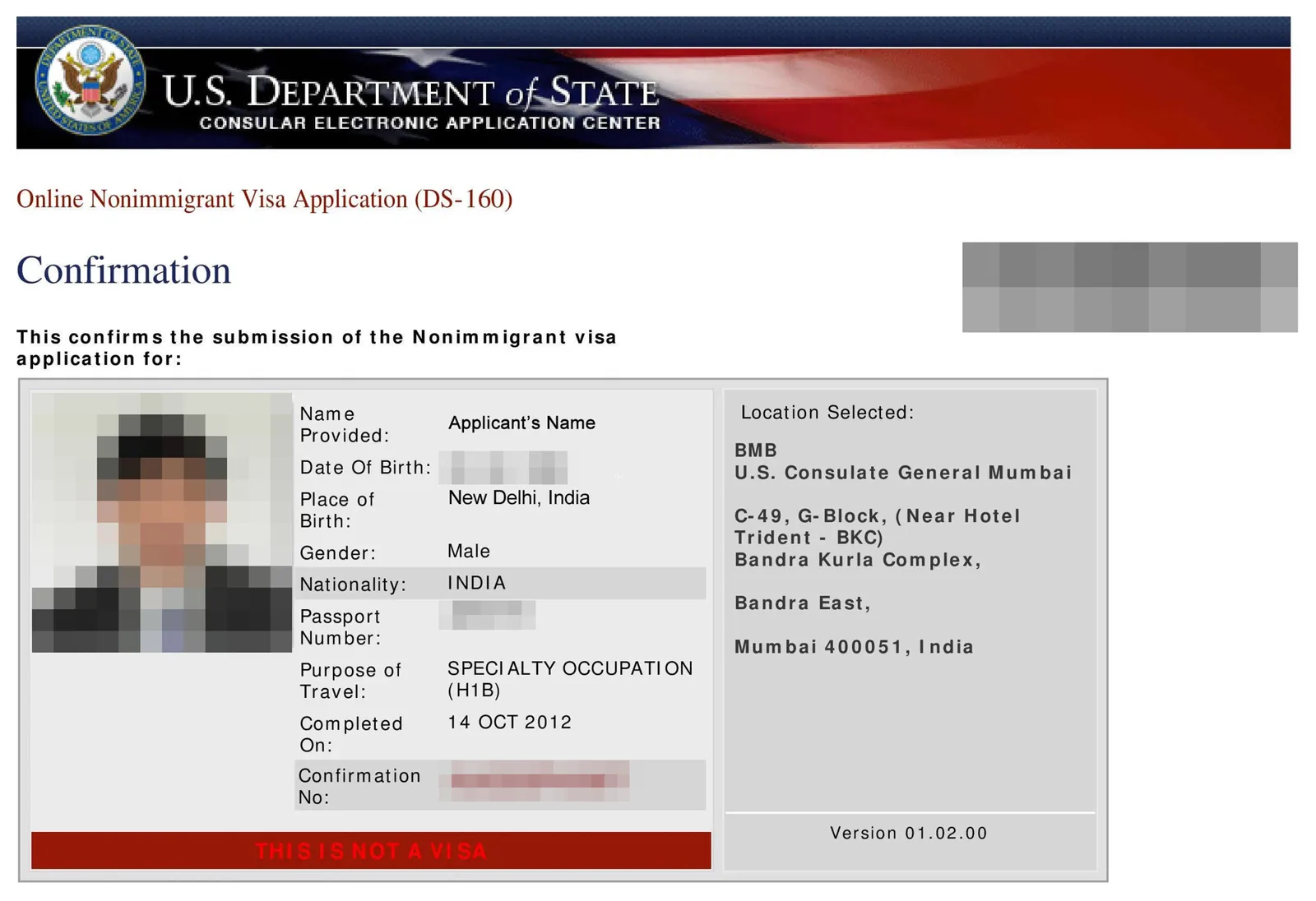 A US Department of State sample DS-160 confirmation page, the form behind non-immigrant visa applications. The sample applicant's photo and personal details are blurred.