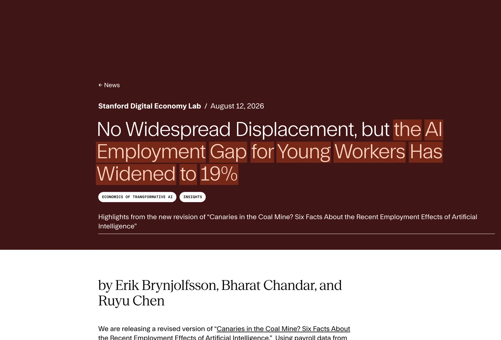 Stanford's news post of 12 August 2026: no widespread displacement, but a widening gap for young workers.