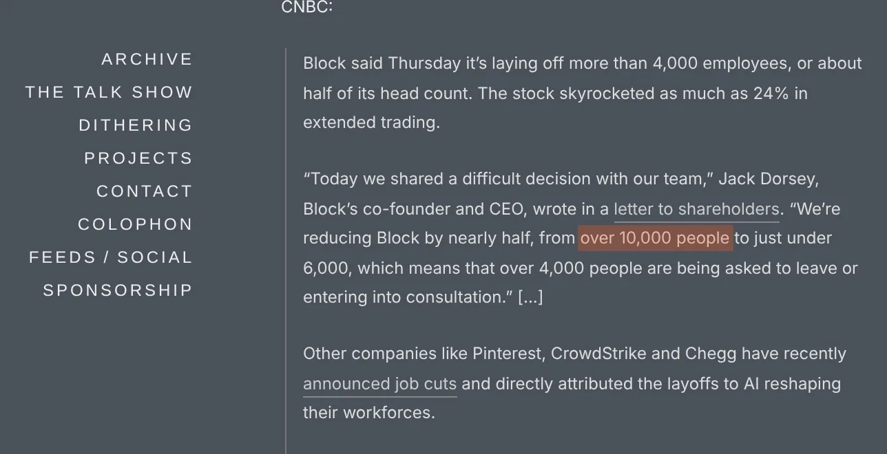 Jack Dorsey's post announcing the cuts, as quoted by Daring Fireball.