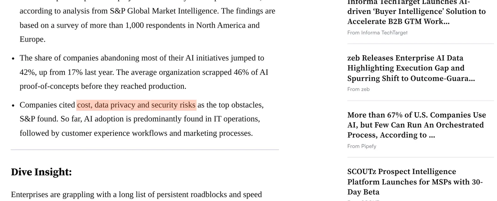 CIO Dive's report of the S&P Global survey, with the obstacles companies cited.