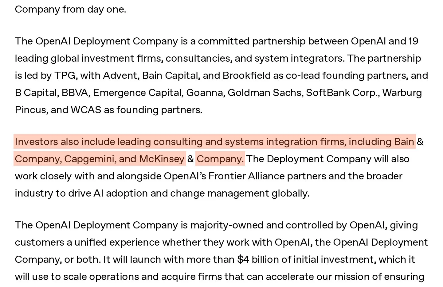 OpenAI's announcement of its Deployment Company, listing consulting firms among its investors.