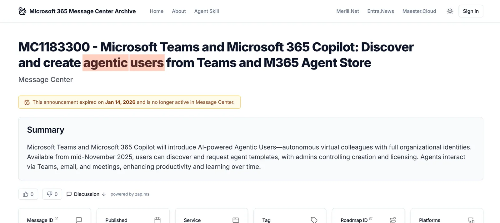 Microsoft 365 Message Center notice MC1183300, 6 November 2025, announcing agentic users.