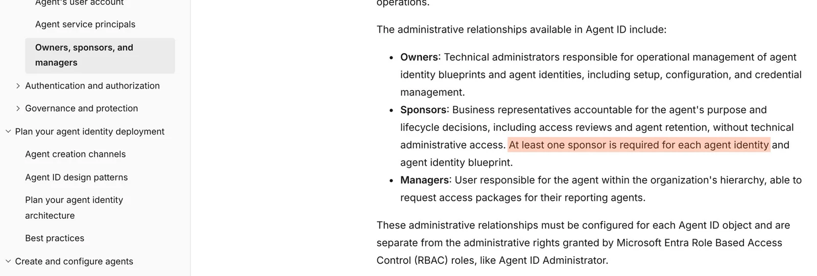 Microsoft Learn's page on owners, sponsors and managers for agent identities, last updated 21 July 2026.