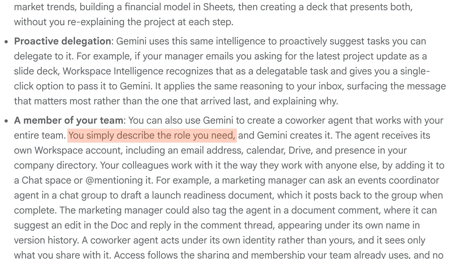 Google's launch post on creating a coworker agent: describe the role, and Gemini creates it.