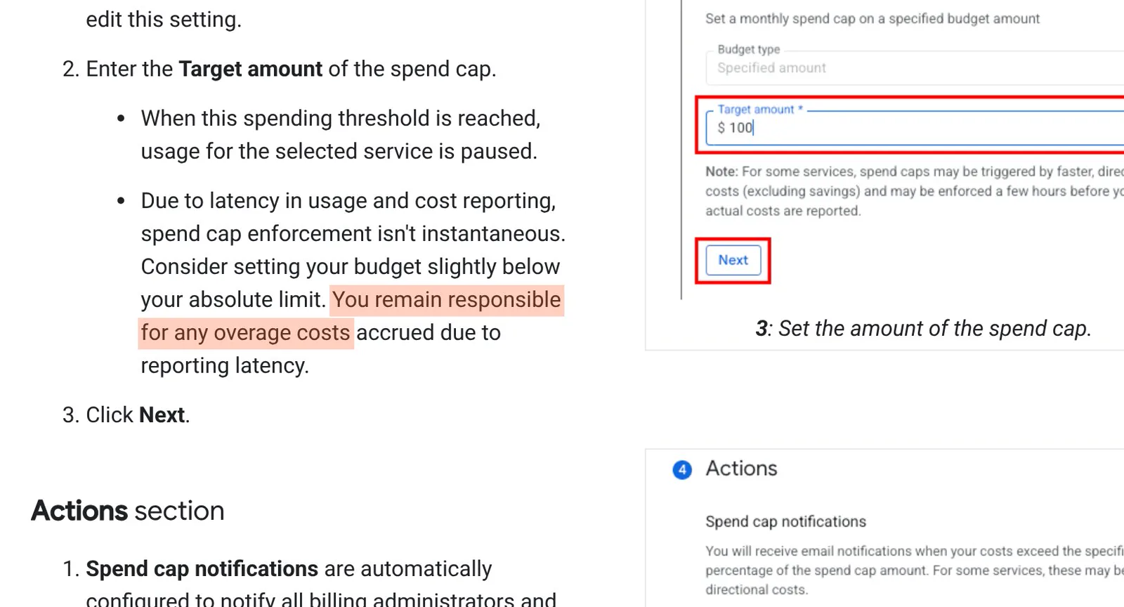 Google Cloud's spend-cap documentation, last updated 9 October 2026: the customer pays any overage while reporting catches up.