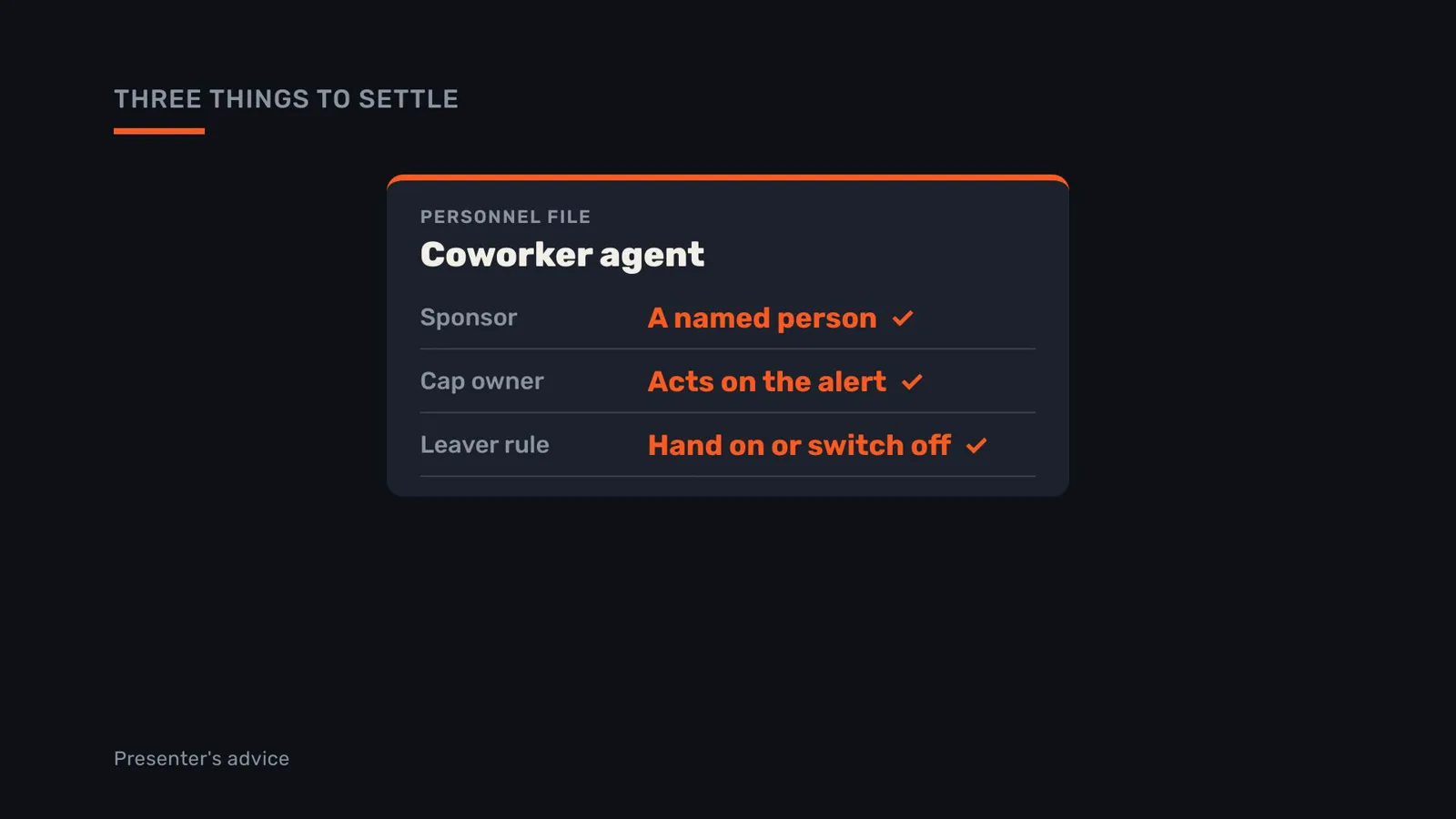Three things to settle before an agent joins the directory: a named sponsor, an owner for the cap who acts on the alert, and a leaver rule.